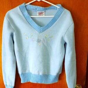 Currants Medium Blue Embroidered Women's Floral Sweater V Neck Cozy Vintage